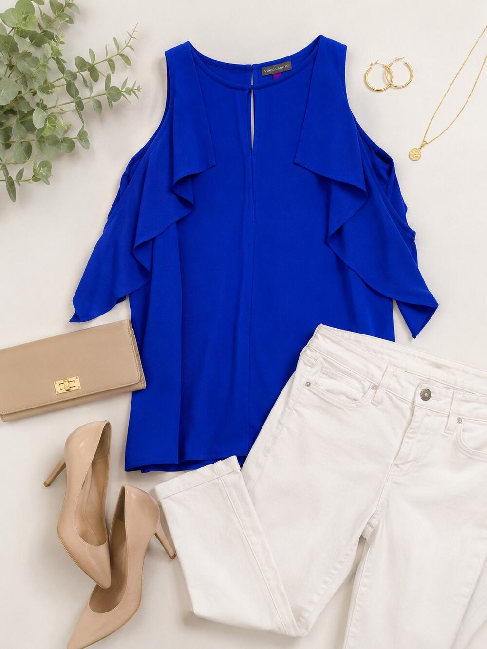 Vince Camuto Royal Blue Cold Shoulder Ruffle Blouse | Small